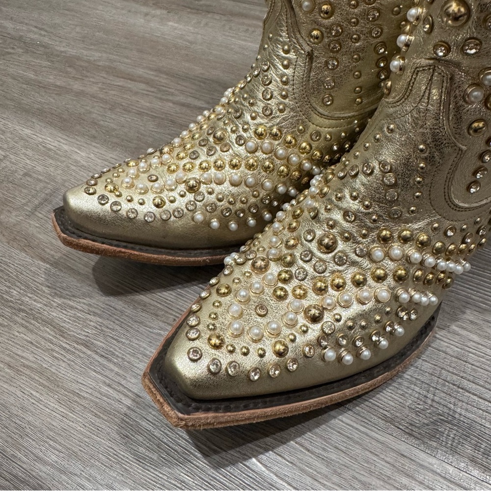 Lane Dolly Pearl Stud Jeweled Cowboy Western Metallic Gold Leather Bootie Boots - Picture 9 of 14